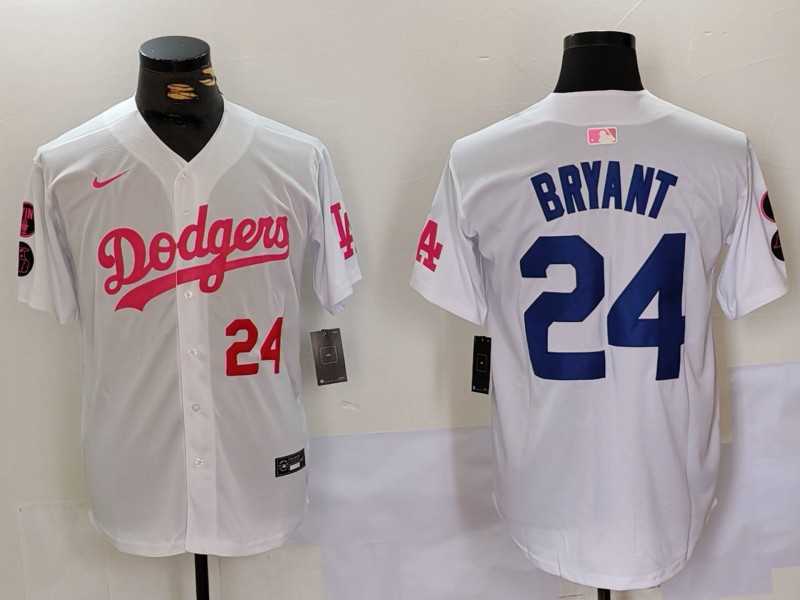 Men%27s Los Angeles Dodgers #24 Kobe Bryant White Pink Vin & Kobe Patch Stitched Baseball Jerseys
